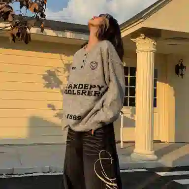 虫小绿 美式复古亨特领字母绣花纽扣套头毛线衣外套秋冬季休闲宽松慵懒设计感百搭针织衫 男女同款
