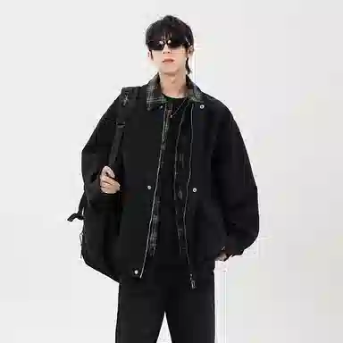 虫小绿 美式复古高级感小众设计感格子假两件外套上衣拼接翻领春秋季高街风高质感时髦舒适休闲宽松飞行员夹克 男女同款