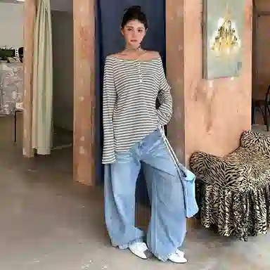 虫小绿 美式复古水洗猫须纹做旧字母印花设计小众高级感休闲长裤阔腿裤子宽松学院风通勤旅行百搭显瘦直筒牛仔裤 男女同款