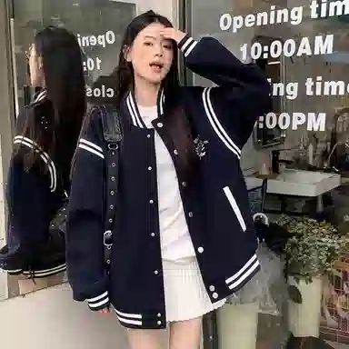 虫小绿 美式复古学院风立领撞色拼接飞行外套春秋季潮流毛呢刺绣工艺棒球服宽松街头休闲百搭上衣工装夹克 男女同款