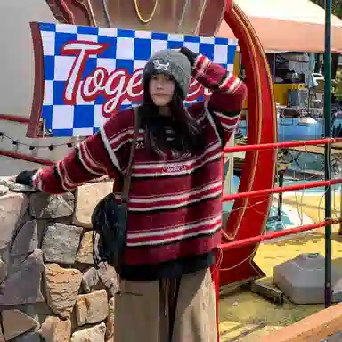 虫小绿 美式复古撞色条纹毛衣女秋冬宽松慵懒风软糯糯套头上衣针织衫 男女同款