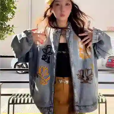 虫小绿 式潮牌重磅花卉刺绣立领夹克春秋季高街痞帅复古水洗做旧高级感宽松休闲拉链开衫牛仔外套 男女同款