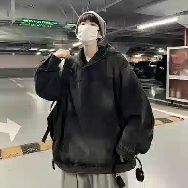 虫小绿 美式高街复古套头牛仔连帽上衣水洗做旧高级感春秋季宽松休闲工装夹克长袖外套情侣帽衫卫衣 男女同款