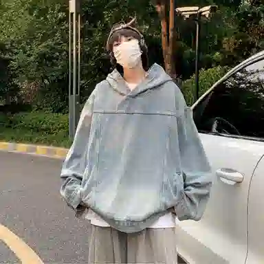 虫小绿 美式水洗做旧高街风套头连帽外套上衣休闲春秋季街头潮牌宽松复古痞帅百搭牛仔帽衫长袖卫衣 男女同款
