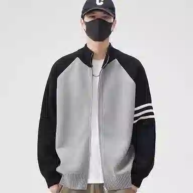 虫小绿 美式高街国潮牌开衫毛衣春秋季立领撞色三杠外套百搭休闲毛线衣服双拉链针织衫 男女同款