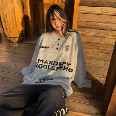 虫小绿 美式复古亨特领字母绣花纽扣套头毛线衣外套秋冬季休闲宽松慵懒设计感百搭针织衫 男女同款