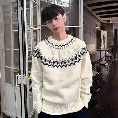 虫小绿 美式复古费尔岛套头毛衣外套绒感慵懒风秋冬季宽松休闲潮流百搭圆领提花针织衫 男女同款