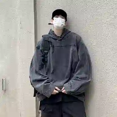 虫小绿 美式水洗做旧高街风套头连帽外套上衣休闲春秋季街头潮牌宽松复古痞帅百搭牛仔帽衫长袖卫衣 男女同款