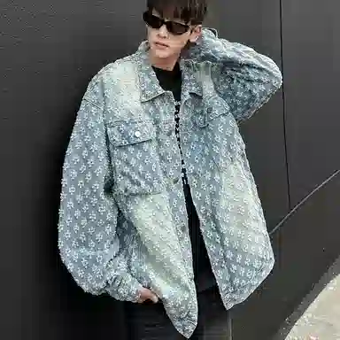 虫小绿 美式复古设计满印提花工艺宽松经典翻领夹克春秋季潮流高级感痞帅休闲水洗做旧小香风工装大口袋百搭牛仔外套 男女同款