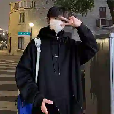虫小绿 假两件半拉链高领金属胸针套头帽衫上衣秋冬季美式重磅潮牌加绒加厚纯色外套宽松高级感休闲百搭连帽卫衣 男女同款