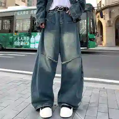 虫小绿 美式复古水洗做旧牛仔外套长裤两件套春秋款潮流小众设计拼接高级感宽松休闲运动套装 男女同款