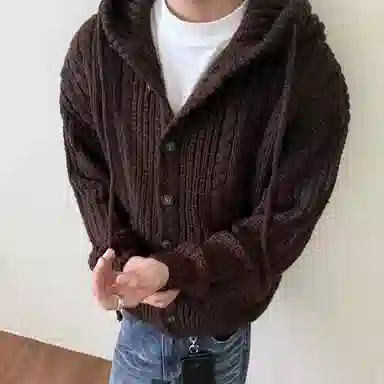 虫小绿 美式高街姣花纹麻花氛围感连帽毛衣外套秋冬季慵懒高级感日常穿搭舒适保暖休闲时尚潮流个性纽扣开衫情侣百搭针织衫  男女同款