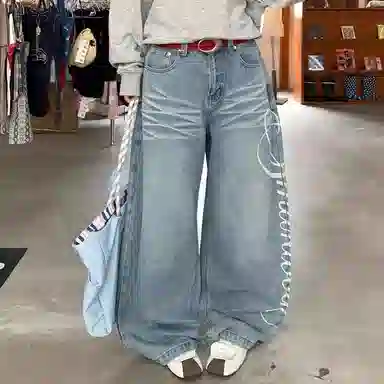 虫小绿 美式复古水洗猫须纹做旧字母印花设计小众高级感休闲长裤阔腿裤子宽松学院风通勤旅行百搭显瘦直筒牛仔裤 男女同款
