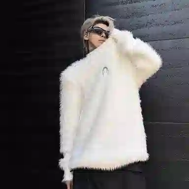 虫小绿 潮流高级感仿貂绒垫肩圆领上衣秋冬季美式复古潮牌设计宽松慵懒风毛衣休闲百搭痞帅套头针织衫 男女同款