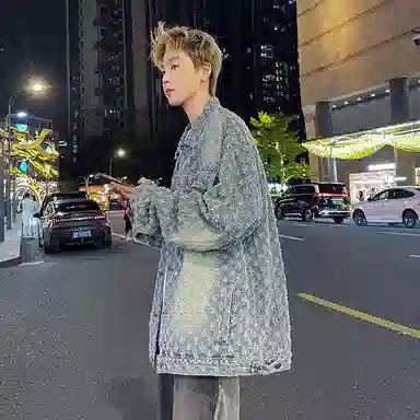 虫小绿 美式复古高街满印提花痞帅夹克春秋季炸街时尚潮流磨白做旧大口袋废土风休闲百搭舒适宽松工装牛仔外套 男女同款