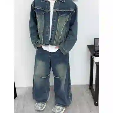 虫小绿 美式复古水洗做旧牛仔外套长裤春秋季潮流小众裁剪毛边设计拼接高级感宽松休闲运动套装 男女同款