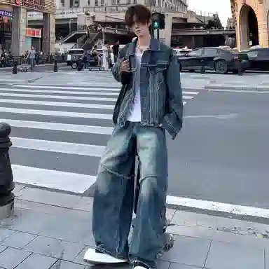 虫小绿 美式复古水洗做旧牛仔外套长裤两件套春秋款潮流小众设计拼接高级感宽松休闲运动套装 男女同款