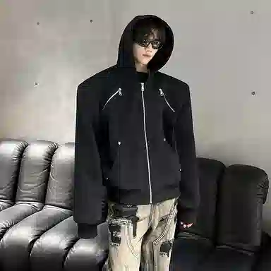 虫小绿 机车潮流行飞行服重磅百搭时尚工装条纹拉链高级感垫肩金属设计款小众高街连帽开衫立体解构宽松短款美式夹克外套 男女同款
