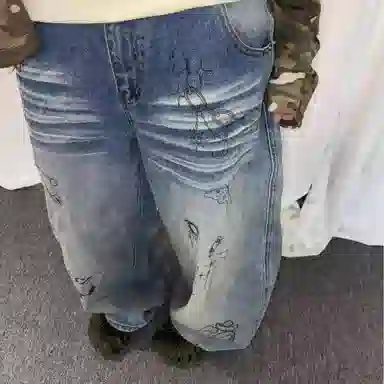 悍戈 美式复古涂鸦风宽松显瘦百搭阔腿直筒长裤牛仔裤 男款