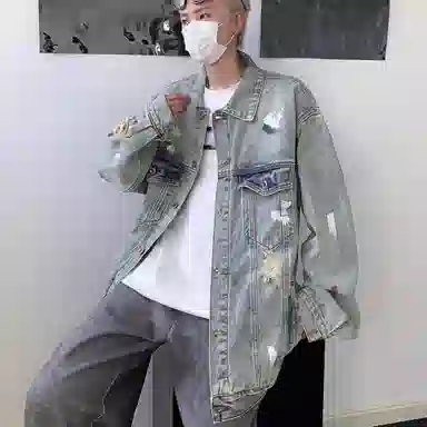 虫小绿 美式复古高街泼墨水洗做旧涂鸦牛仔外套春秋季潮流设计感宽松休闲破洞拼接翻领工装夹克 男女同款