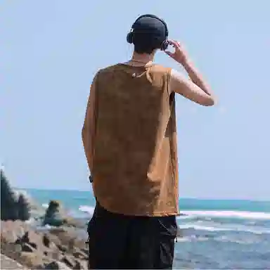 虫小绿 美式复古高阶字母宽松水洗做旧坎肩运动百搭吸湿排汗圆领休闲背心 男女同款