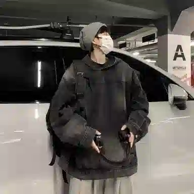 虫小绿 美式高街复古套头牛仔连帽上衣水洗做旧高级感春秋季宽松休闲工装夹克长袖外套情侣帽衫卫衣 男女同款