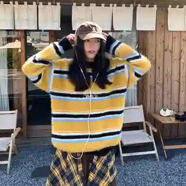 虫小绿 美式复古撞色条纹毛衣女秋冬宽松慵懒风软糯糯套头上衣针织衫 男女同款