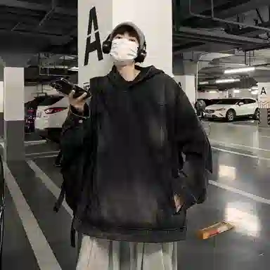 虫小绿 美式高街复古套头牛仔连帽上衣水洗做旧高级感春秋季宽松休闲工装夹克长袖外套情侣帽衫卫衣 男女同款
