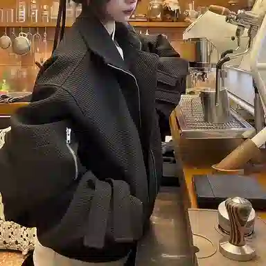虫小绿 美式高街复古折戟翻领设计感蜂窝工装外套秋冬款解构宽松休闲潮流百搭保暖舒适纯色金属拉链防风亨利领飞行员夹克 男女同款