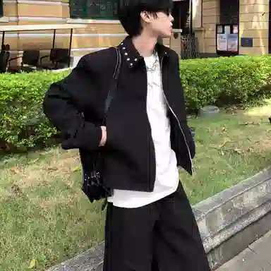 虫小绿 美式街头潮牌小众金属铆钉设计感垫肩翻领外套短款上衣春秋季高级感休闲百搭拉链夹克 男女同款