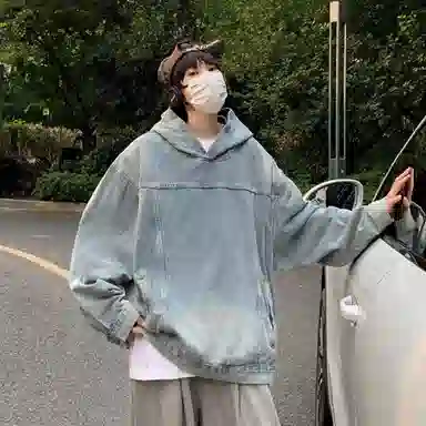 虫小绿 美式水洗做旧高街风套头连帽外套上衣休闲春秋季街头潮牌宽松复古痞帅百搭牛仔帽衫长袖卫衣 男女同款