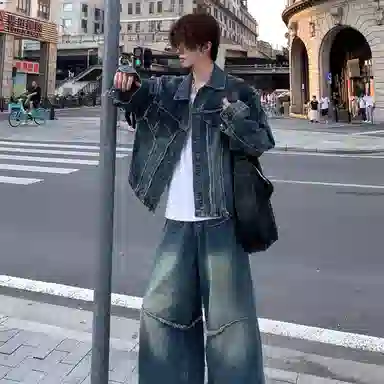 虫小绿 美式复古水洗做旧牛仔外套长裤两件套春秋款潮流小众设计拼接高级感宽松休闲运动套装 男女同款