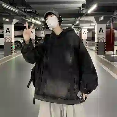 虫小绿 美式高街复古套头牛仔连帽上衣水洗做旧高级感春秋季宽松休闲工装夹克长袖外套情侣帽衫卫衣 男女同款