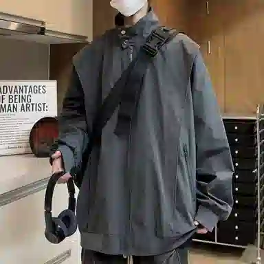 虫小绿 港风日系美式融合多功能透气舒适百搭工装飞行员立领拼接拉链款外套休闲宽松情侣款潮流翻领开衫夹克 男女同款