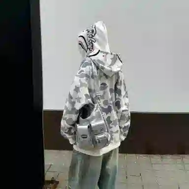 虫小绿 美式复古高街潮流假两件双帽涂鸦卡通鲨鱼头万针刺绣宽松运动外套潮牌通勤百搭满印迷彩长袖上衣帽衫拉链开衫卫衣 男女同款