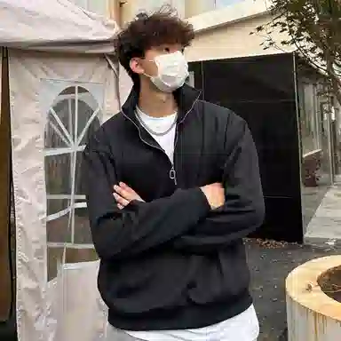 虫小绿 美式复古半拉链立领长袖上衣外套春秋季潮牌宽松简约百搭休闲纯色高领套头卫衣 男女同款