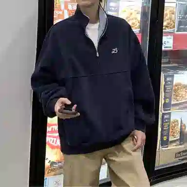 虫小绿 美式潮牌复古基础纯色胸口小标刺绣时尚半拉链立领上衣外套秋冬季痞帅气质百搭宽松休闲撞色情侣卫衣 男女同款
