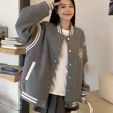 虫小绿 美式复古学院风立领撞色拼接飞行外套春秋季潮流毛呢刺绣工艺棒球服宽松街头休闲百搭上衣工装夹克 男女同款