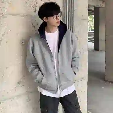 虫小绿 春秋季小众设计感美式高街内外撞色高级感长袖重磅开衫外套双拉链宽松休闲百搭潮牌简约廓形情侣款连帽卫衣 男女同款