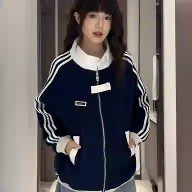虫小绿 美式复古拼接撞色学院运动风外套春秋款潮牌三条杠夹克宽松痞帅街头舒适时尚休闲个性通勤百搭拉链卫衣 男女同款