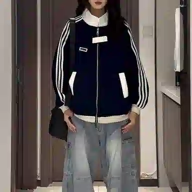 虫小绿 美式复古拼接撞色学院运动风外套春秋款潮牌三条杠夹克宽松痞帅街头舒适时尚休闲个性通勤百搭拉链卫衣 男女同款
