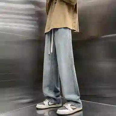 虫小绿 美式复古潮牌高街纯色水洗直筒裤宽松舒适松紧腰裤子休闲裤抽绳百搭长裤牛仔裤 男女同款