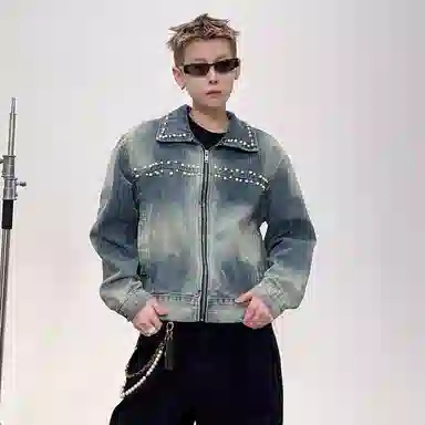 虫小绿 潮流设计立体珍珠钉珠小版型短款夹克长袖上衣宽松春秋美式水洗做旧街头小众高级感休闲百搭牛仔外套 男女同款