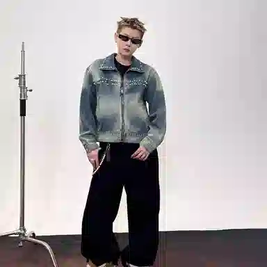 虫小绿 潮流设计立体珍珠钉珠小版型短款夹克长袖上衣宽松春秋美式水洗做旧街头小众高级感休闲百搭牛仔外套 男女同款