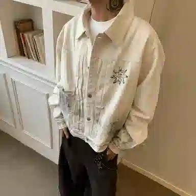 虫小绿 美式做旧重工脏染背扣高级设计感复古翻领夹克摇滚印花宽松春秋季潮流舒适百搭高街潮牌嘻哈街头风痞帅休闲牛仔外套 男女同款
