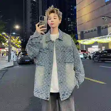 虫小绿 美式复古高街满印提花痞帅夹克春秋季炸街时尚潮流磨白做旧大口袋废土风休闲百搭舒适宽松工装牛仔外套 男女同款