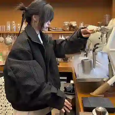 虫小绿 美式高街复古折戟翻领设计感蜂窝工装外套秋冬款解构宽松休闲潮流百搭保暖舒适纯色金属拉链防风亨利领飞行员夹克 男女同款