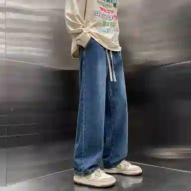虫小绿 美式复古潮牌高街纯色水洗直筒裤宽松舒适松紧腰裤子休闲裤抽绳百搭长裤牛仔裤 男女同款