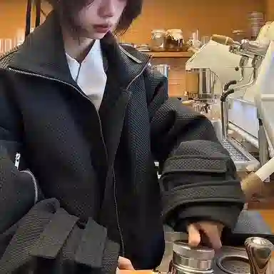 虫小绿 美式高街复古折戟翻领设计感蜂窝工装外套秋冬款解构宽松休闲潮流百搭保暖舒适纯色金属拉链防风亨利领飞行员夹克 男女同款