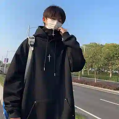 虫小绿 假两件半拉链高领金属胸针套头帽衫上衣秋冬季美式重磅潮牌加绒加厚纯色外套宽松高级感休闲百搭连帽卫衣 男女同款